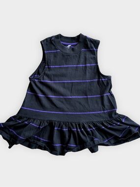 Anthropologie Black Purple Striped Ruffle Hem Tank Top Size S